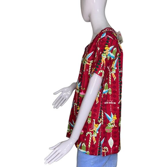 Disney NWT Tinker Bell Christmas Scrub Top Short Sleeves Red and Green … - Picture 5 of 9